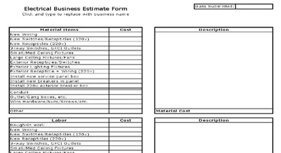 Electrical Business Estimate Sheet Free Download